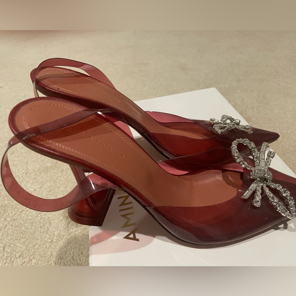 Amina Muaddi Burgundy PVC Slingback Pumps with Crystal Bow - Picture 6 of 8